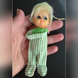 Vintage Japan Pixie Elf Ornament Blonde Striped Felt Body Retro 4" Kitsch